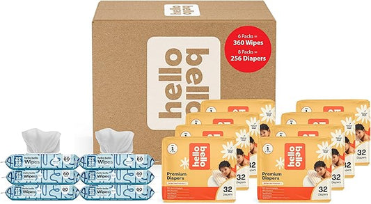 Hello Bello Mega Surprise Pack, Size 1 (8-12 lbs), 256ct Hypoallergenic Assorted Diapers with a Soft, Cloth-Like Feel Plus 360 Ultra Gentle Unscented Baby Wipes in 6 Resealable Packs