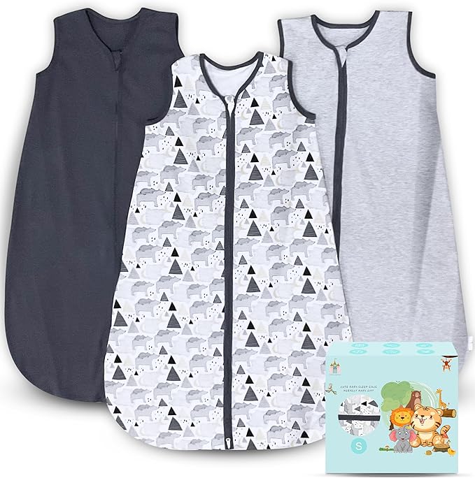Cute Castle Baby Sleep Sack 0-6 Months - Lightweight 100% Cotton 2-Way Zipper TOG 0.5 Infant Wearable Blanket, Newborn Essentials Toddler Sleep Clothes, 3 Pack(Dark gray, Light gray, Bear)