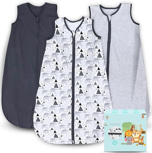 Cute Castle Baby Sleep Sack 0-6 Months - Lightweight 100% Cotton 2-Way Zipper TOG 0.5 Infant Wearable Blanket, Newborn Essentials Toddler Sleep Clothes, 3 Pack(Dark gray, Light gray, Bear)