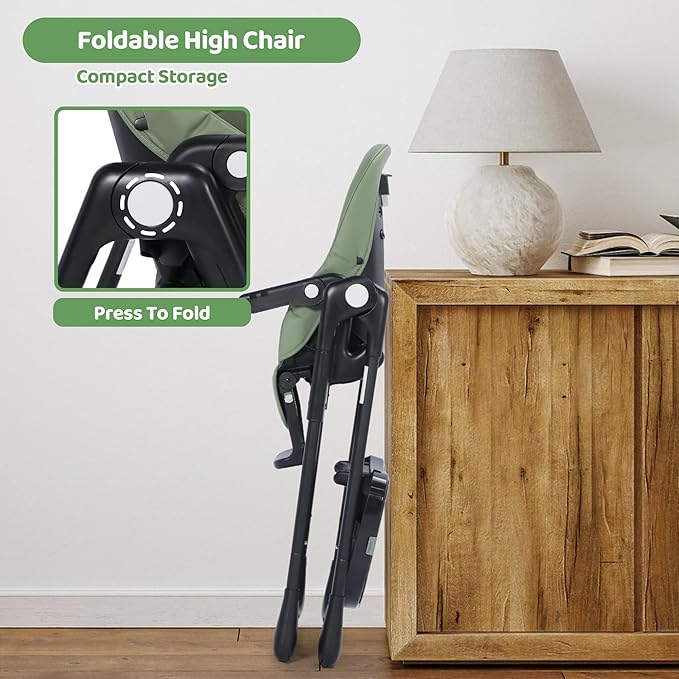 3 in 1 Foldable Baby High Chair, Infant High Chairs for Babies and Toddlers, 6 Height & 5 Recline Adjustable Toddler Feeding Chair, 2 Tray Depth & 3 Footrest Angles, 2 Built-in Wheels, Green