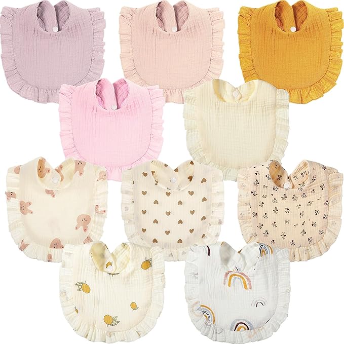 Mepase 10 Pcs Large Muslin Baby Girl Bibs Drool Teething Bibs Lap Shoulder for Boy Girls Teething(Vivid Colors)
