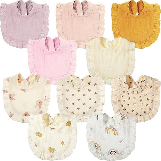 Mepase 10 Pcs Large Muslin Baby Girl Bibs Drool Teething Bibs Lap Shoulder for Boy Girls Teething(Vivid Colors)