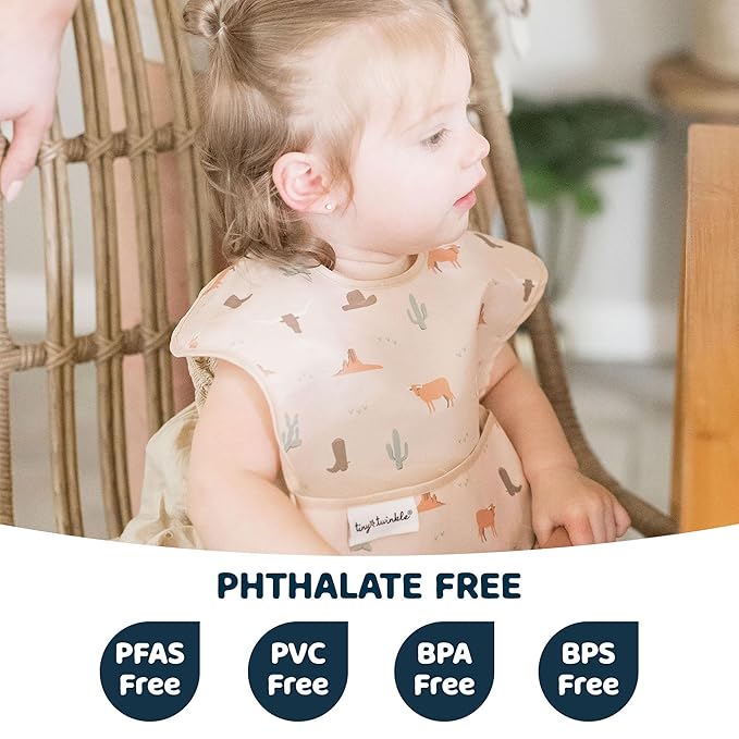 Tiny Twinkle Mess Proof Baby Bibs for Eating – Waterproof, Wipeable Toddler Bibs with Pocket – Baby Food Bibs for Girls & Boys(3 Pack,Cowboy)