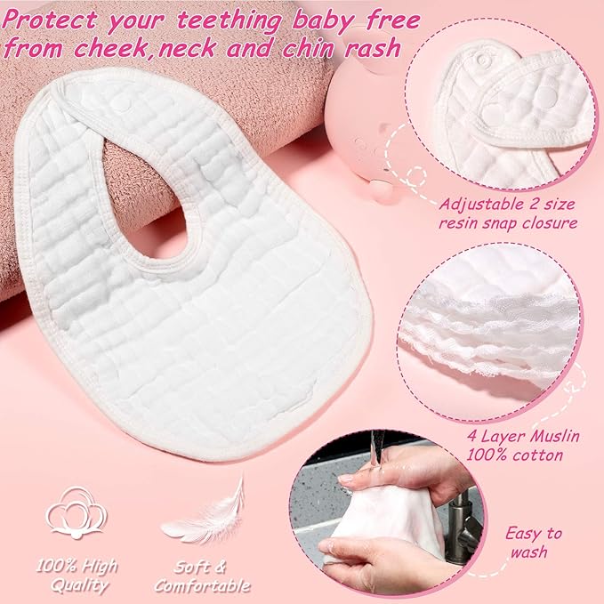 Tatuo 10 Pcs White Muslin Baby Bibs for Baby Boy Girl Adjustable Soft Absorbent Bandana Bibs Bulk for Drooling and Teething