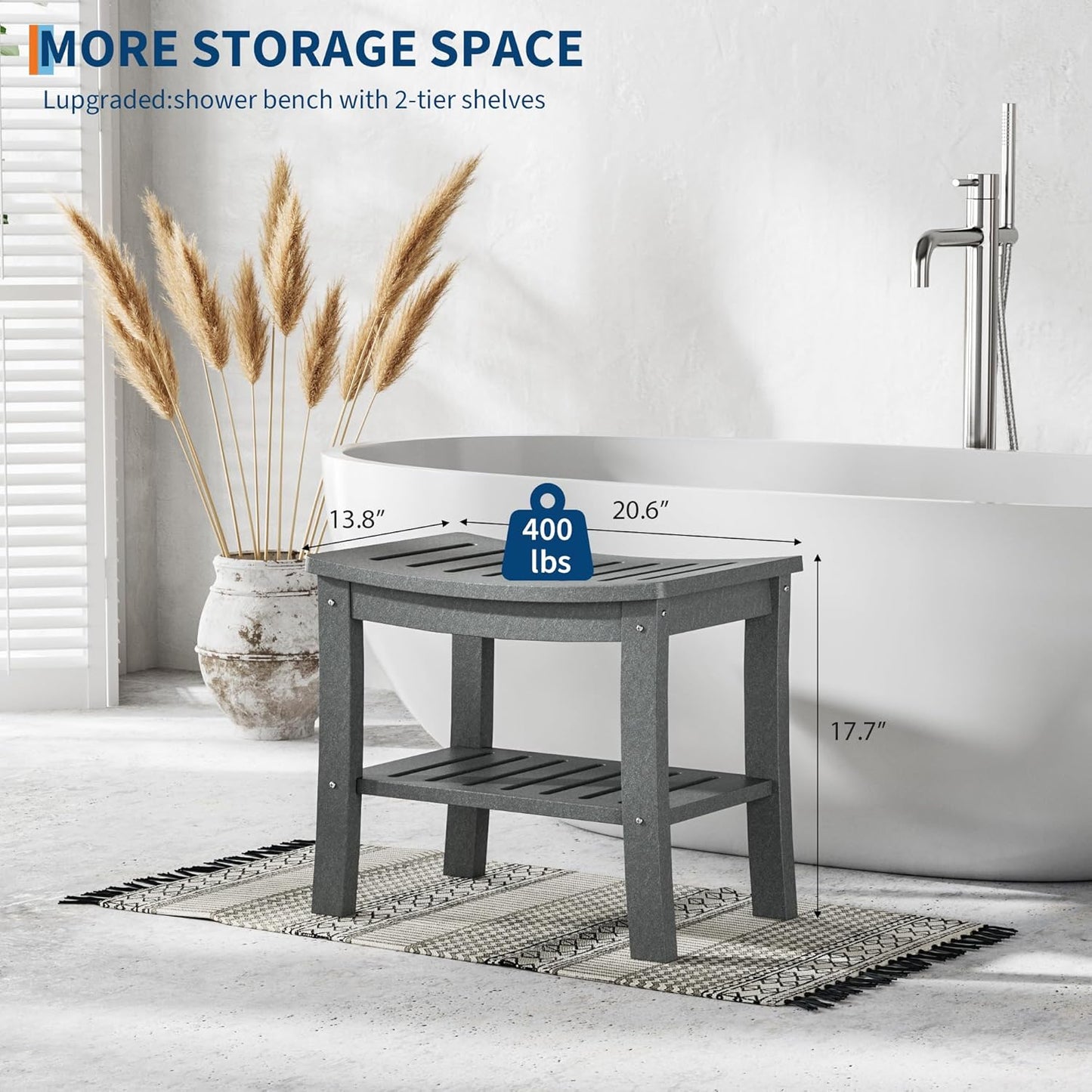 HDPE Shower Bench with Storage Shelf,Waterproof Shower Seat Stool Chair for Bathroom Bathtub,Non-Slip Spa Stool,Indoor Outdoor Use,Space-Saving,No Maintenance