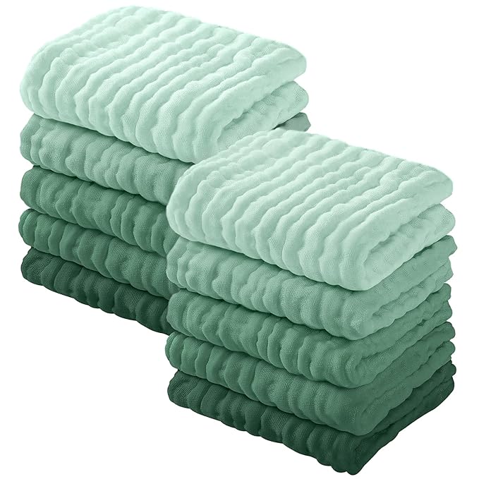 Yoofoss Muslin Baby Washcloths 100% Organic Cotton Face Towels 10 Pack Wash Cloths for Baby 12x12in Soft and Absorbent Baby Wipes (Gradient Green)