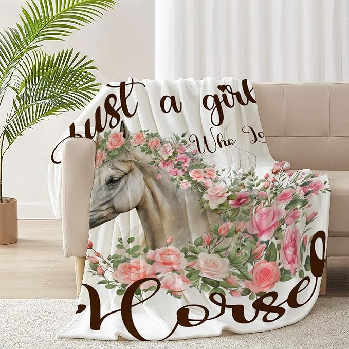 Just A Girl Who Loves Horses Blanket for Baby Girls Flowers Animals Throw Blanket for Boys, Lightweight Cute Horse Soft Flannel Blankets for Kids Gifts, 30x40 Inches