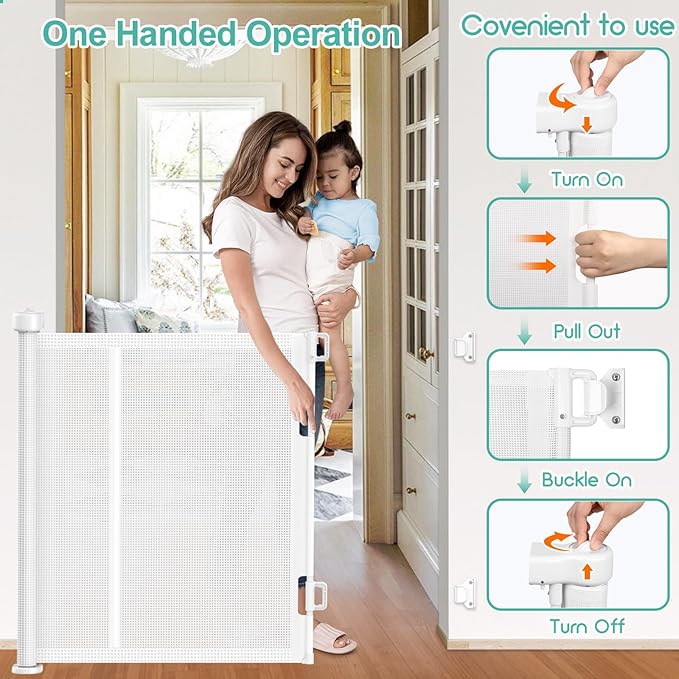 Upgrade 150 inch Retractable Baby Gates, EZIGO Extra Wide Baby Gate for Large Opening Extra Long Mesh Gate for Kids or Pet Dog Gate Child Safety Gate for Stairs Hallways Doorway Indoor Outdoor, White