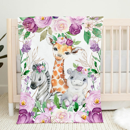 UNIQUE Violet Flowers Safari Ultra Soft Fleece Baby Blanket 30x40in, Cute Zebra Hippo Giraffe Baby Blanket, Girl