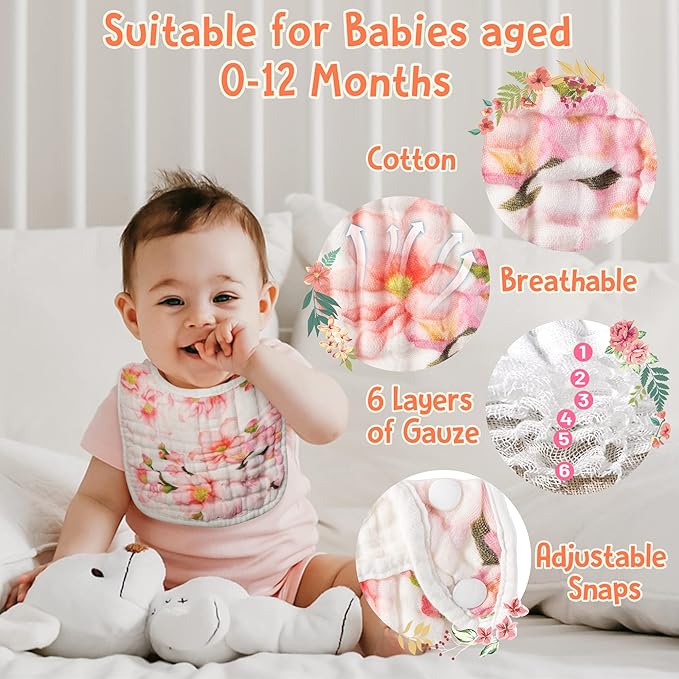 Zainpe 6Pcs Snap Muslin Cotton Baby Bibs Flowers Pattern Infants Feeding Bib Adjustable Machine Washable Girls Burp Cloths Unisex Drool Cloth with 6 Absorbent & Soft Layers for Eating and Teething