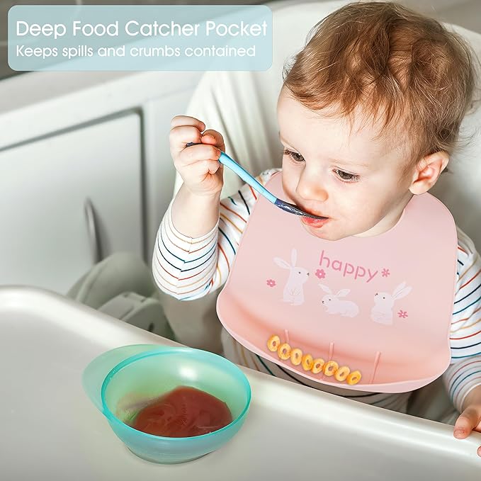 2 Pack Silicone Baby Bibs Adjustable Fit Waterproof Bib With Leak Proof Food Pouch Catcher for Eating Boys Girls