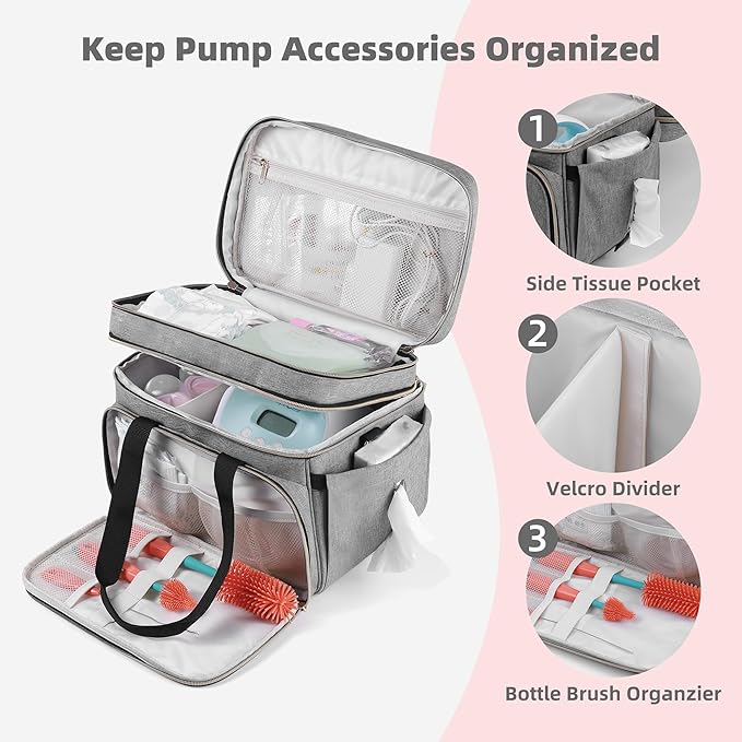 Breast Pump Bag Fits for Spectra S1 and S2, Double Deck Pumping Bag with Waterproof Mat for Pump Accessories, Pump Carrying Bag for Moms Work, Travel - Grey