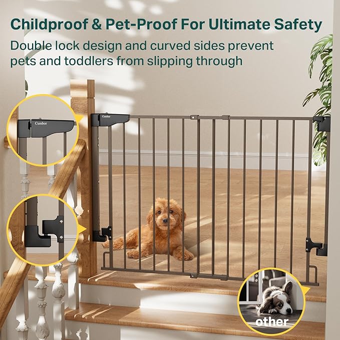 Cumbor 29.2–43" Baby Gate for Stairs, Wall-Mounted (Drill Required), Expandable No Bottom Bar Dog Gate, Auto Close Extra Wide Walk Thru, Pet & Toddler Proof Gate, Top & Bottom of Stairways (Brown)