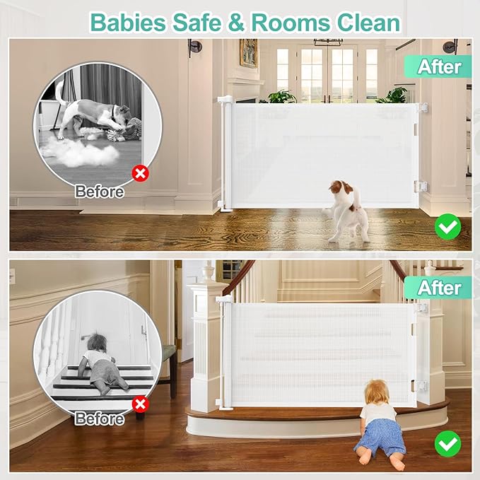 71 inch Retractable Baby Gates, EZIGO Extra Wide Baby Gate for Large Opening Extra Long Mesh Gate for Kids or Pet Dog Gate Child Safety Gate for Stairs Hallways Doorway Indoor Outdoor, White