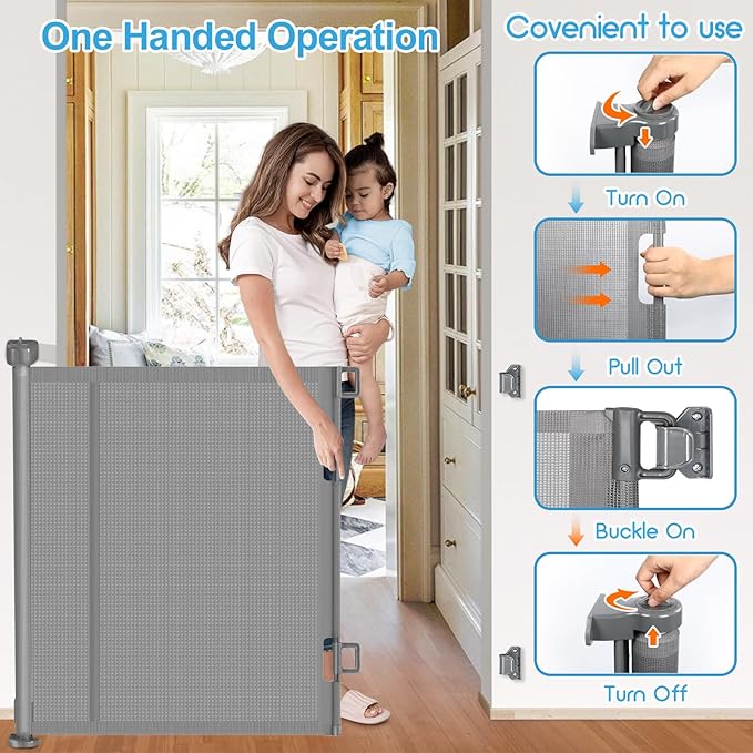 Upgrade 150 inch Retractable Baby Gates, EZIGO Extra Wide Baby Gate for Large Opening Extra Long Mesh Gate for Kids or Pet Dog Gate Child Safety Gate for Stairs Hallways Doorway Indoor Outdoor, Gray