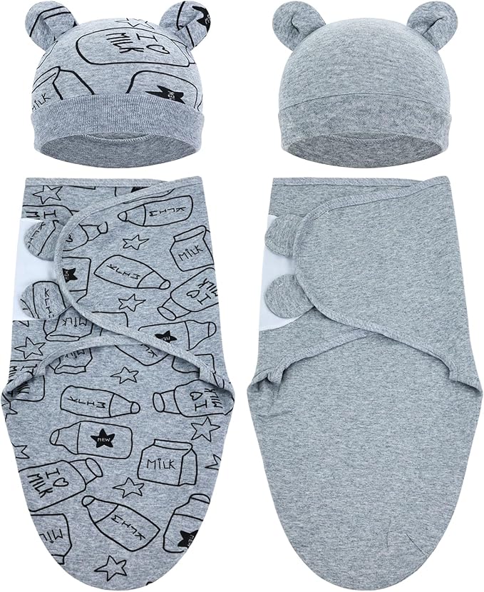 Cinaci 2 Pack Adjustable Soft Cotton Blend Newborn Baby Receiving Swaddle Blankets Sleep Sacks with Nursery Hats Caps Beanies Bonnets for Baby Girls Boys Newborns Infants