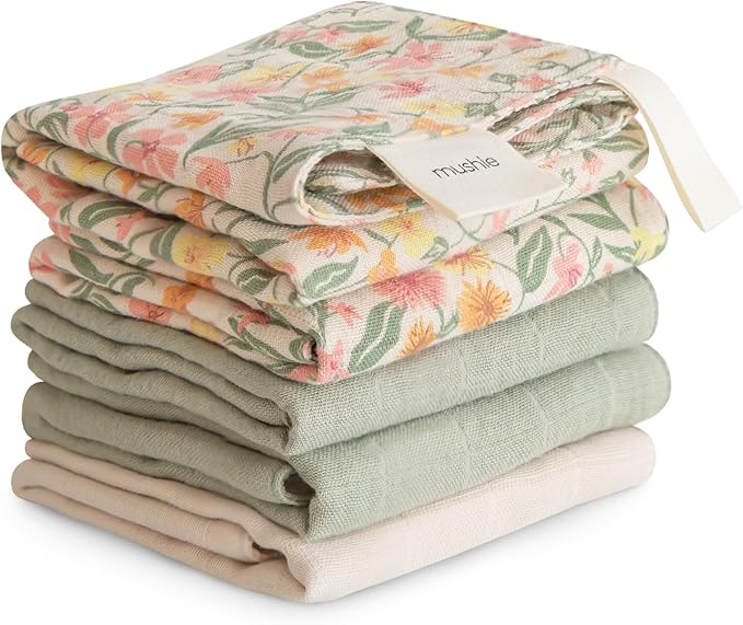 mushie Muslin Organic Cotton Washcloths 5-Pack (Pastel Blooms Combo) | Soft Wipes for Baby Cleanups and Bathing