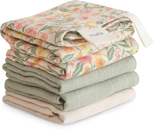 mushie Muslin Organic Cotton Washcloths 5-Pack (Pastel Blooms Combo) | Soft Wipes for Baby Cleanups and Bathing