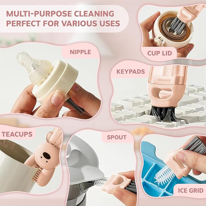 Cup Lid Cleaning Brush, Multifunctional Set with 3 in 1 Lid Cleaner and Two 4 in 1 Cup Lid Cleaning Brushes, Cleaning Brush Tool for Bottles, Straws, Tumblers, Travel Mug Caps, Portable Kit (Pink)