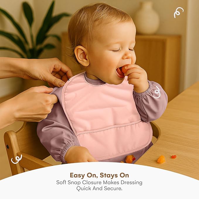 CHILDLIKE BEHAVIOR Baby Smock Bib - Waterproof Travel Buddy, Mess-Proof Feeding - Long Sleeves, Gentle Closure- Two-Layer
