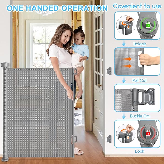 120 Inch Retractable Baby Gates Extra Wide, 41 Inch Reinforced Extra Tall Gate for Large Openings, Mesh Safety Gate for Kids Pets, Retractable Dog Gate for Stair Hallways Doorway Indoor Outdoor, Gray