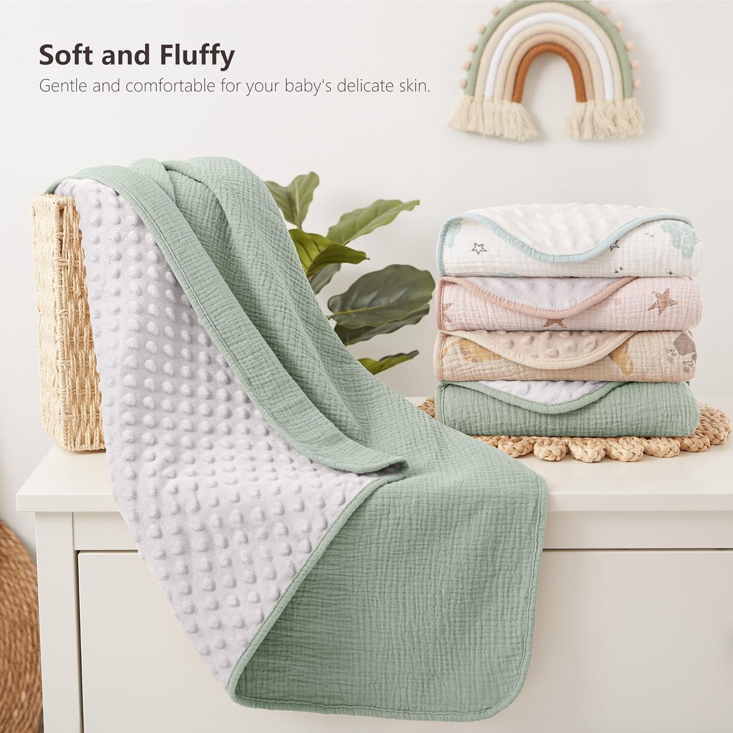 Susurration Baby Blanket for Unisex Boys Girls, Soft Nursery Minky Blanket with Muslin Cotton Front and Dotted Fleece Back, Receiving Blanket for Baby Newborn Infant, 30x40inch (Green)