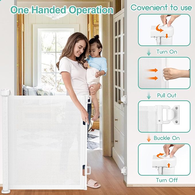55 inch Retractable Baby Gates, EZIGO Extra Wide Baby Gate for Large Opening Extra Long Mesh Gate for Kids or Pet Dog Gate Child Safety Gate for Stairs Hallways Doorway Indoor Outdoor, White
