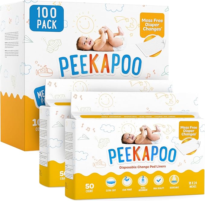 Peekapoo - The Original Disposable Baby Changing Pad Liners – 100 Pack | Super Soft, Waterproof, Ultra Absorbent | Portable, Travel-Friendly, Mess-Free Diaper Changes Anywhere