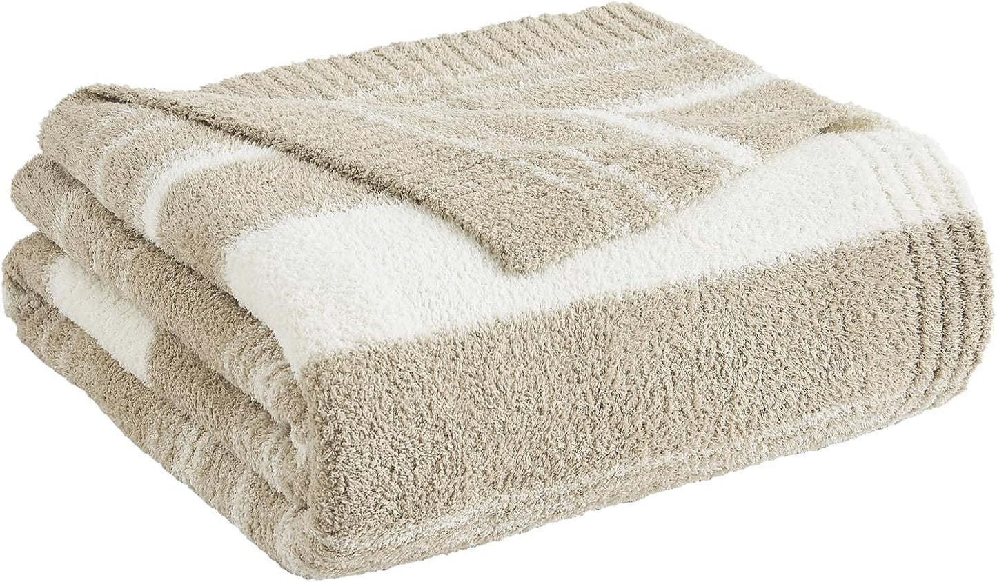 WRENGONGE Khaki Throw Blanket, 50x70 Soft Cozy Striped Throw Blankets for Couch, Sofa, Bed, Travel, Lightweight Fluffy Warm Plush Decorative Blankets for Women, Men,Kids Gift