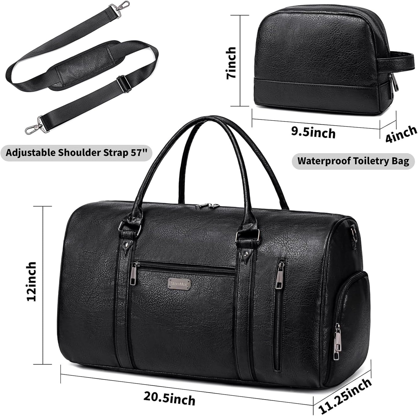 Large Leather Duffel Bag for Travel, Weekender Bag for Men or Women with Shoe Compartment, Waterproof Carry On Bag with Toiletry Bag, Travel Tote Bag with Luggage Strap (Black)