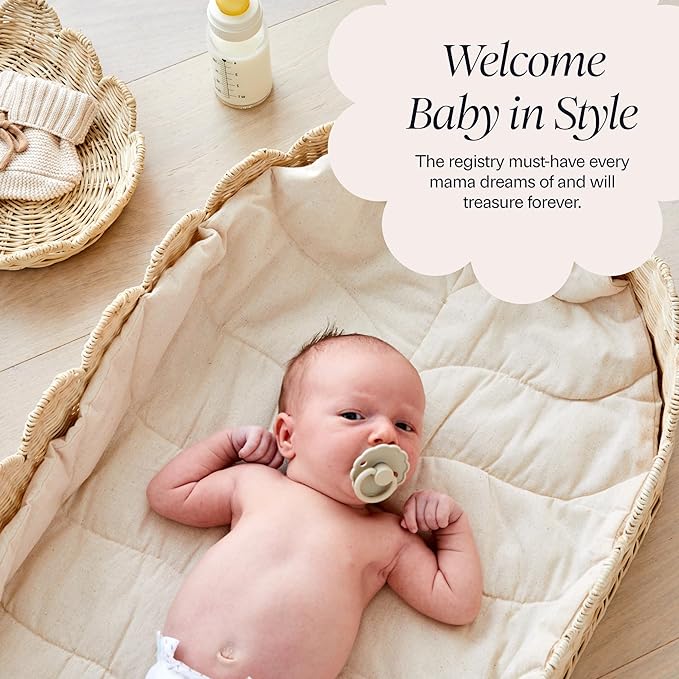 Bebe Bask Premium Baby Changing Basket - Artisan-Crafted Scalloped Rattan - Changing Basket for Baby Dresser - All Accessories Included - Complete Set for Nursery (Natural)