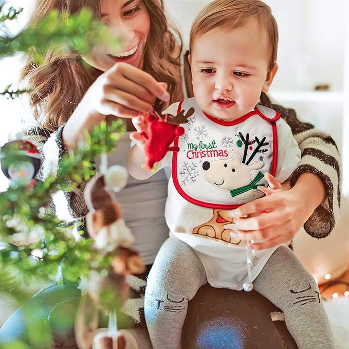 3Pcs Christmas Baby Cotton Bibs with Resin Button Newborn Infant Bibs Christmas Keepsake Baby Gift for Drooling Feeding