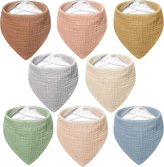 Bearmoss Muslin Baby Bibs 8 Pack Soft Bandana Bibs for Drooling & Teething, Absorbent Burp Cloths with Adjustable Snaps