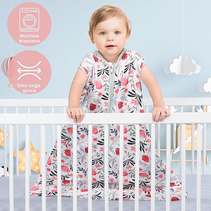 Baby Sleep Sack 6-12 Months 3 Pack Baby Wearable Blanket 100% Rayon Cotton 2-Way Zipper Toddler Sleeping Sack .Comfy Soft Lightweight TOG 0.3 (Banana&Flower&Pink,)