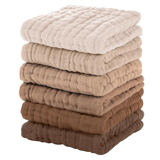 Muslin Baby Washcloths 6 Pack, 100% Cotton Wash Cloths for Babies, Large 12''X12'' Burp Cloths Absorbent and Soft for Newborn Infants Kids Boys Girls - Gradient Brown