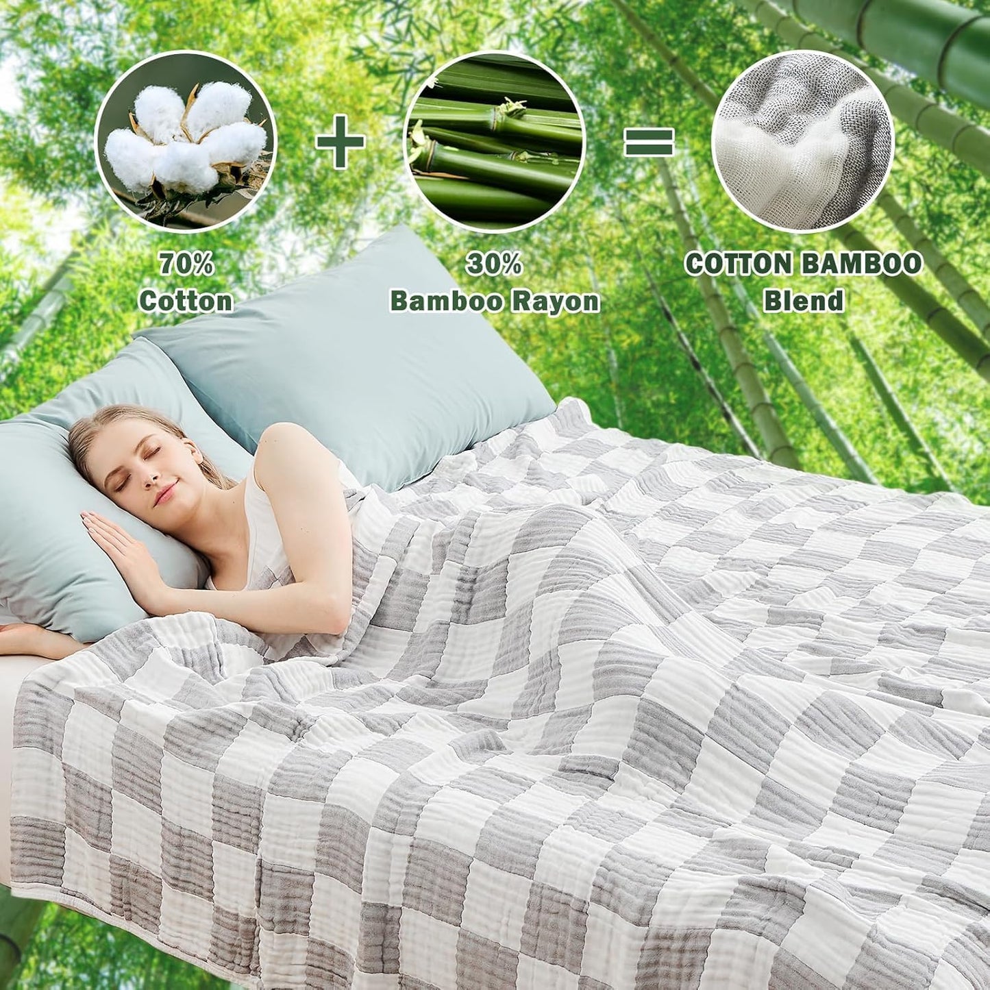 EMME Checkered Cotton Blanket Twin Large 60"x80" 100% Muslin for Couch Breathable Cooling Gauze All Season Soft and Lightweight Pre-Washed (Light Grey)