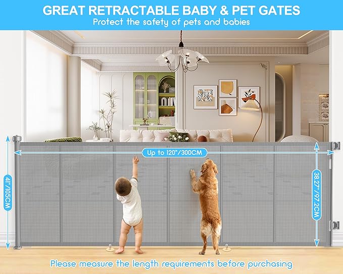 120 Inch Retractable Baby Gates Extra Wide, 41 Inch Reinforced Extra Tall Gate for Large Openings, Mesh Safety Gate for Kids Pets, Retractable Dog Gate for Stair Hallways Doorway Indoor Outdoor, Gray