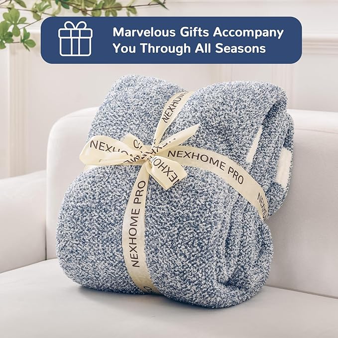 NEXHOME PRO Super Soft Throw Blankets, Cozy Warm Blankets Knit Blanket for Women, Fuzzy Plush Lightweight Throws for Couch, Sofa, Bed, Picnic, Heather Blue White, 50 x 60 inches