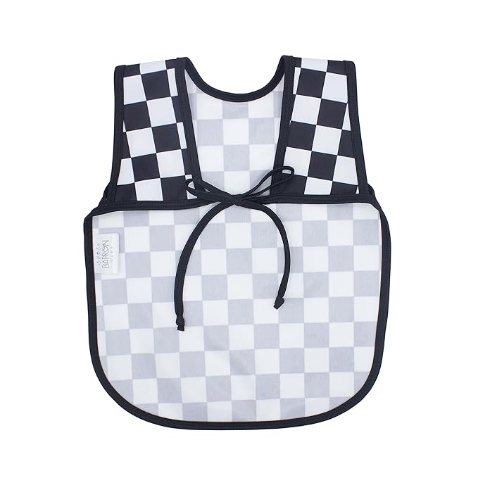 BapronBaby Black Checkerboard Bapron - No Neck Tie Safer Bib for Baby & Toddler - Soft Waterproof Stain Resistant - Machine Washable - Sz Baby/Toddler 6m-3T