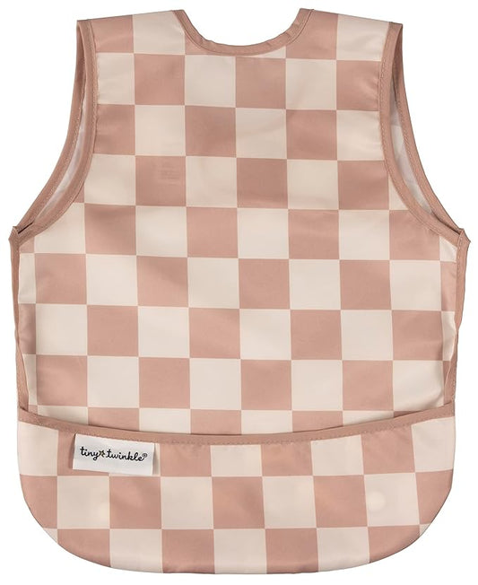 Twinkle Short Sleeve Apron Baby & Toddler Bib – Waterproof, Mess-Proof Bibs for Eating & Feeding, Machine Washable, Perfect Holiday Gift (Brown Checkers, 2-4Y)
