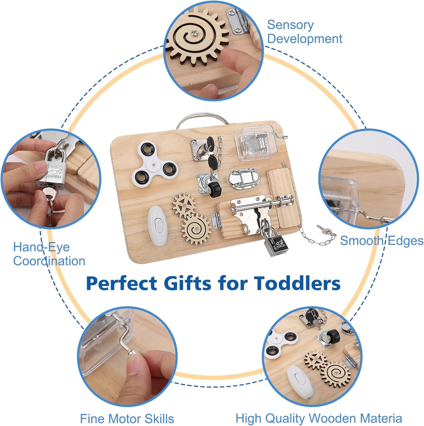 Wooden Montessori Toys Busy Board for 1 2 3 4 Year Old, Baby Toddler Sensory Toys, for Fine Motor Skills, for Autism ADHD