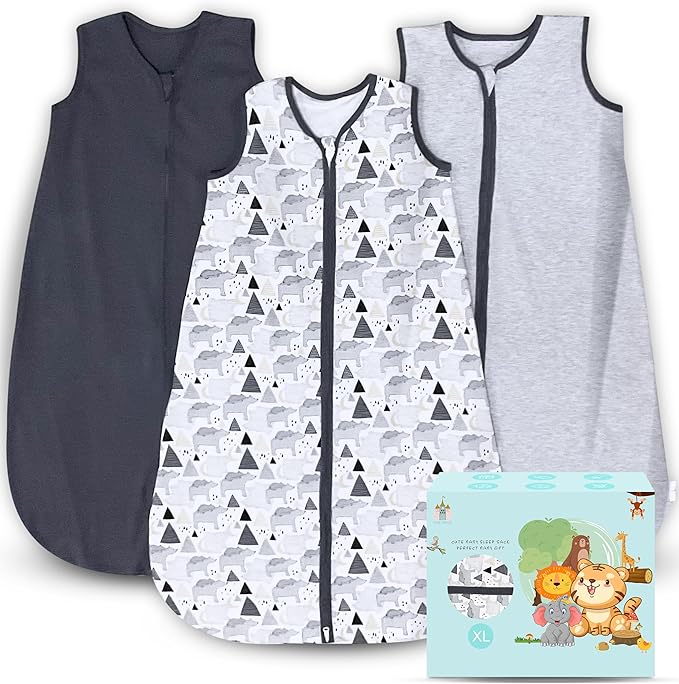 Cute Castle Baby Sleep Sack 18-24 Months - Lightweight 100% Cotton 2-Way Zipper TOG 0.5 Infant Wearable Blanket, Newborn Essentials Toddler Sleep Clothes, 3 Pack(Dark gray, Light gray, Bear)