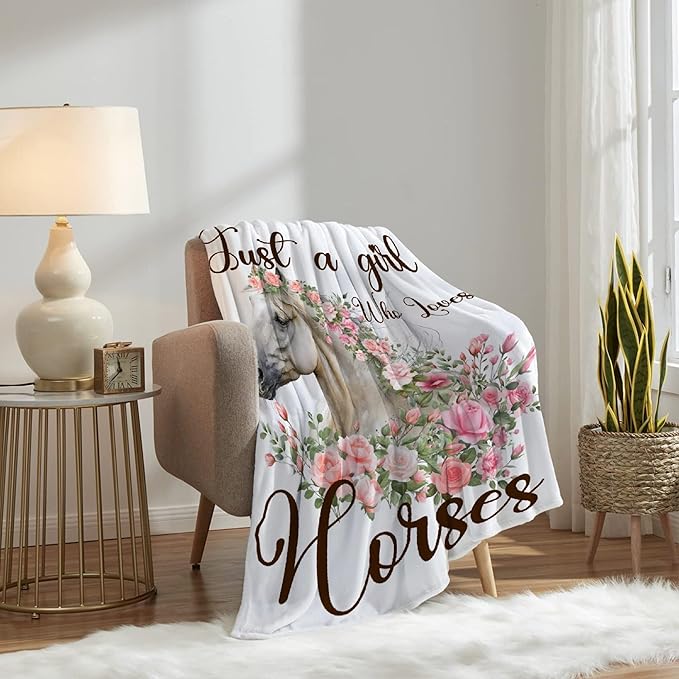 Just A Girl Who Loves Horses Blanket for Baby Girls Flowers Animals Throw Blanket for Boys, Lightweight Cute Horse Soft Flannel Blankets for Kids Gifts, 30x40 Inches