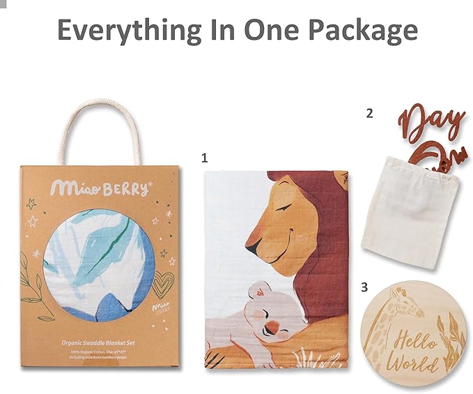 Miaoberry Safari Baby Milestone Blanket, Africa Jungle Theme Monthly Photo Growth Tracker with Giraffe, Lion, Elephant with Hello World Sign