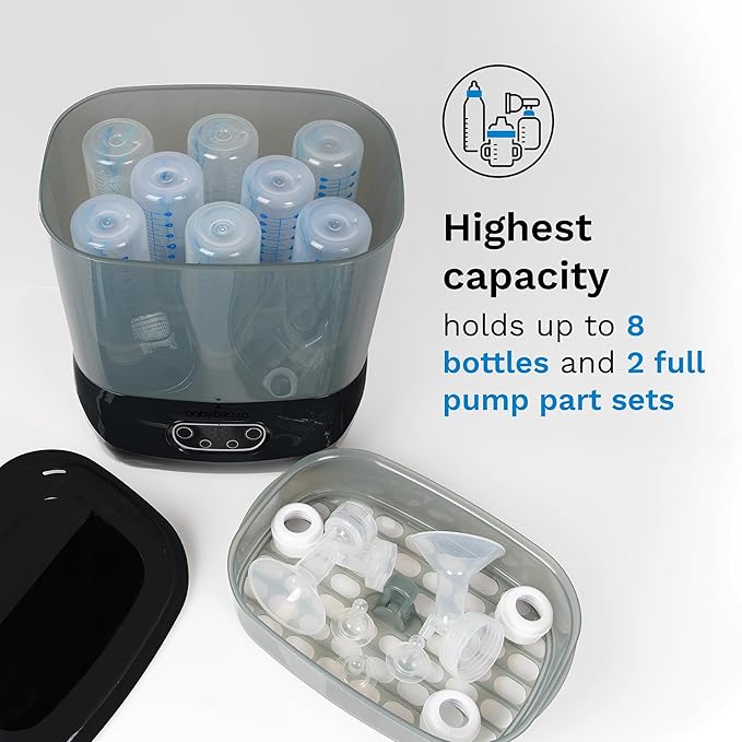 Baby Brezza Bottle Sterilizer and Dryer Advanced – 33% Faster - Largest Capacity Steam Sanitizer - Universal Sterilization Machine for All Bottles + Pump Parts - HEPA Air Filter, Black