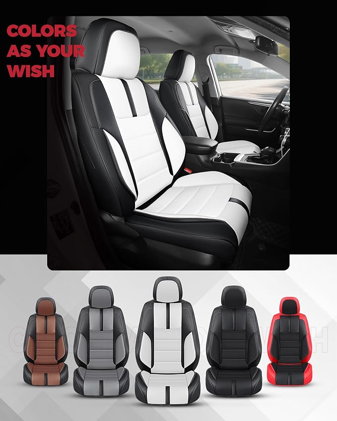 FREESOO Black White Front Car Seat Covers - Faux Nappa Leather Seat Covers for Cars, with Carbon Fiber Texture Seatbelt Pads, Cute Cushion Protectors Fit for Most Vehicles Sedans SUV Trucks Civic
