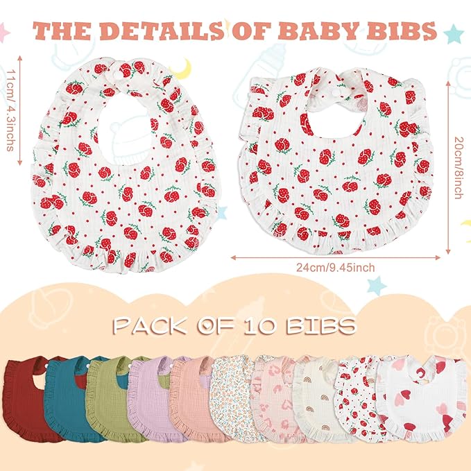 Seematn 10 Pcs Baby Muslin Bibs Drool Bibs Bandana Ruffle Soft Cotton for Newborn Baby Infants Girl Teething Toddlers Boy(Pastel Colors)