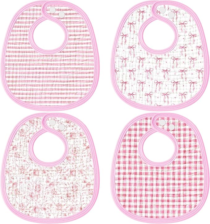 4 Piece Drooling Bibs for Baby Boys Girls,Soft Triple Layer Cotton Muslin, Adjustable Newborn Bibs for Drooling