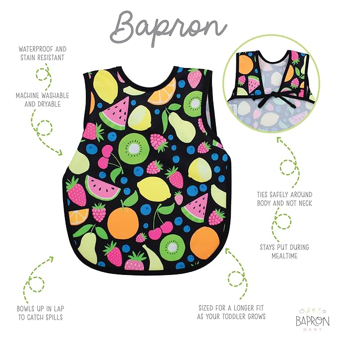 BapronBaby Neon Fruit Monster Bapron - No Neck Tie Safer Bib for Baby & Toddler - Soft Waterproof Stain Resistant - Machine Washable - Sz Preschool 3-5yrs