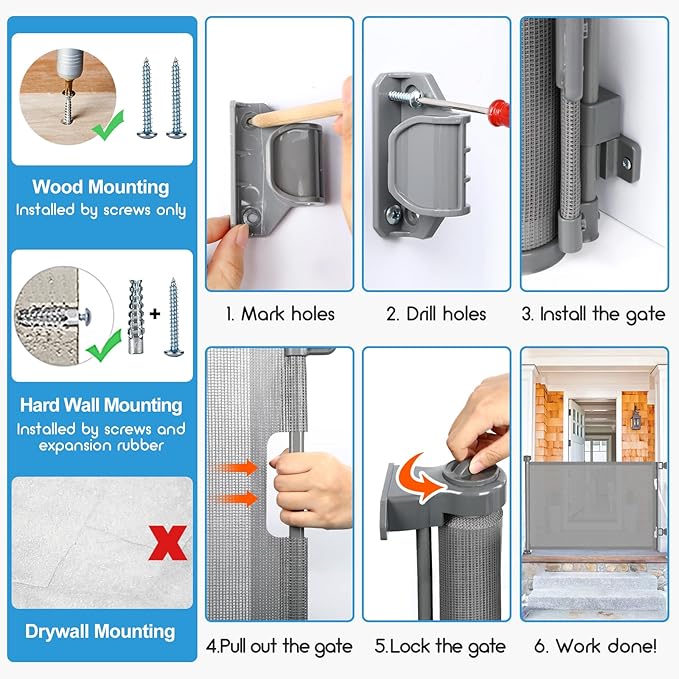 55 inch Retractable Baby Gates, EZIGO Extra Wide Baby Gate for Large Opening Extra Long Mesh Gate for Kids or Pet Dog Gate Child Safety Gate for Stairs Hallways Doorway Indoor Outdoor, Gray